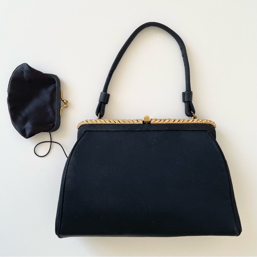 After Five" Vintage Frame Evening Hand Bag with Change Purse, Black Satin